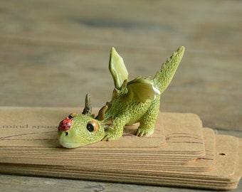 Fairy Garden Green Dragon w/ Ladybug Figurine ~ Miniature Terrarium Dragon ~ Fairy Garden Supply & Accessories ~ Fairy Home and Garden Decor