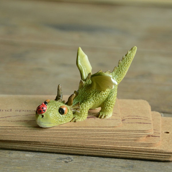 Fairy Garden Green Dragon w/ Ladybug Figurine ~ Miniature Terrarium Dragon ~ Fairy Garden Supply & Accessories ~ Fairy Home and Garden Decor