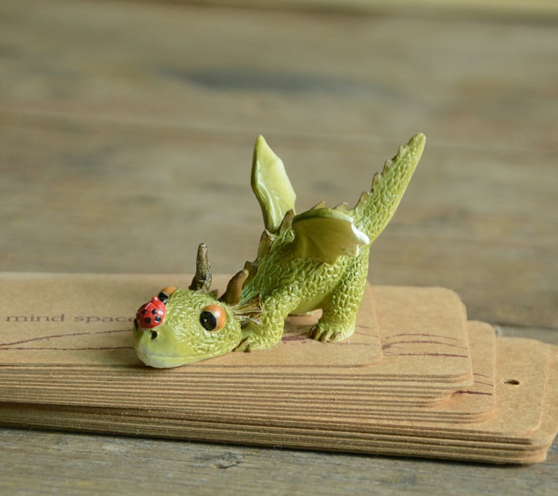 Fairy Garden Green Dragon w/ Ladybug Figurine ~ Miniature Terrarium Dragon ~ Fairy Garden Supply & Accessories ~ Fairy Home and Garden Decor 