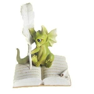 Journaling Dragon Figurine w/ Giant Book & Feather Quill ~ Fairytale Fairy Garden and Terrarium Accessories ~ Dungeon and Dragons Home Décor