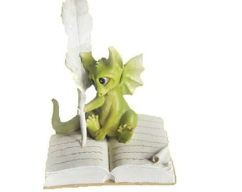 Journaling Dragon Figurine w/ Giant Book & Feather Quill ~ Fairytale Fairy Garden and Terrarium Accessories ~ Dungeon and Dragons Home Décor