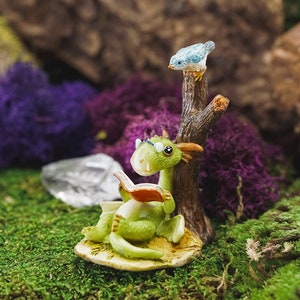 Bookworm Dragon & Blue Bird Sharing a Book Figurine ~ Fairytale Fairy Garden and Terrarium Accessories ~ Dungeon and Dragons Home Décor