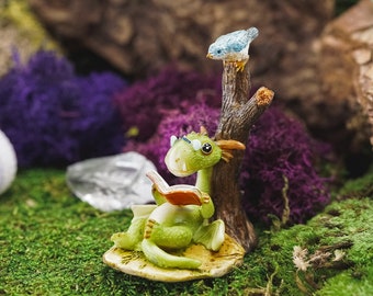 Bookworm Dragon & Blue Bird Sharing a Book Figurine ~ Fairytale Fairy Garden and Terrarium Accessories ~ Dungeon and Dragons Home Décor