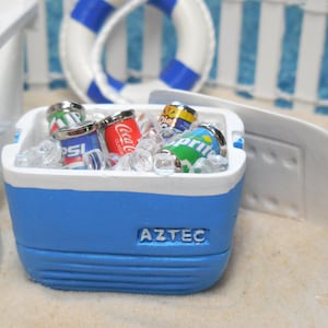 Miniature Large Blue Cooler w/ 5 Cans of Beer or Soda ~ Beach Fairy Garden, Terrarium Miniatures & Dollhouse Foods ~ Summer Diorama Craft