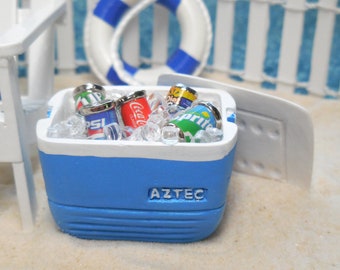 Miniature Large Blue Cooler w/ 5 Cans of Beer or Soda ~ Beach Fairy Garden, Terrarium Miniatures & Dollhouse Foods ~ Summer Diorama Craft