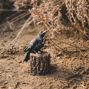 Miniature corbeau noir avec clé secrète pour Halloween ~ accessoires féeriques de jardin ~ figurines d'animaux des bois pour la maison et le bureau