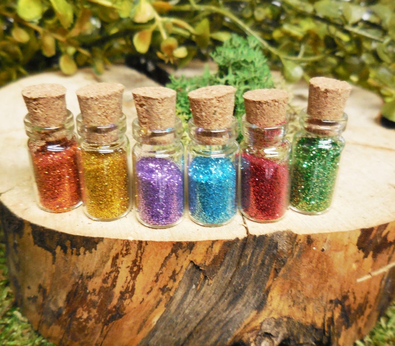 1 Rainbow Fairy Dust Bottles 6 PC Set Miniature Pixie Dust & Potion Bottles Fairy Garden Supply Dollhouse Magic Miniatures image 1