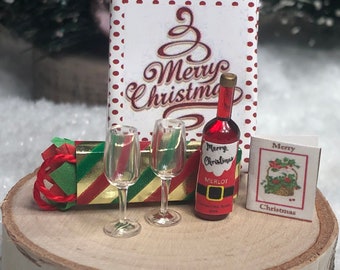 Miniature Wine w/ Gift Bag, Glasses and Greetings Card ~ Winter Fairy Garden & Dollhouse Accessories ~ Christmas Diorama Craft Supplies