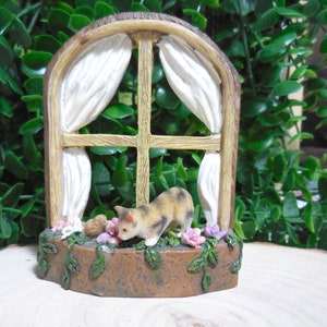 Fairy Garden Miniature Window Ornament with Cat ~ Fairy Garden & Dollhouse Accessories