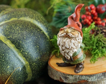 Miniature Gnome Taking a Stroll Figurine ~ Woodland Fairy Garden & Dollhouse Accessories ~ Terrarium or Outdoor Gardening Decorations