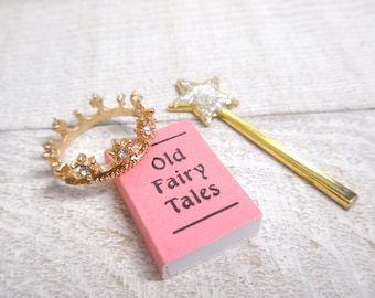 Miniature Old Fairy Tales Book, Magic Wand and Crown Set ~ Magical Kingdom Fairy Garden, Terrarium, Dollhouse and Diorama Accessory