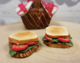 Fairy Garden Miniature BLT Sandwich on Toast, Miniature Sandwich for Fairies, Dollhouse Food, Handmade Clay Ham Sandwiches
