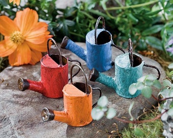 Miniature Metal Watering Cans in Red, Blue, Orange & Turquoise ~ Summer Fairy Garden Accessories ~ Dollhouse Gardening Tools