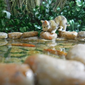 Miniature Stone Koi Fish Pond w/ Cat ~ Fairy Garden Accessories ~ Terrarium Diorama Miniatures ~ Mini Gardening Supply ~ Outdoor Yard Decor