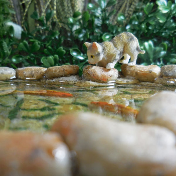 Fairy Garden Koi Pond miniature with artificial water, cat kitty, fairy garden accessories miniature fish, stone look, mini garden supply