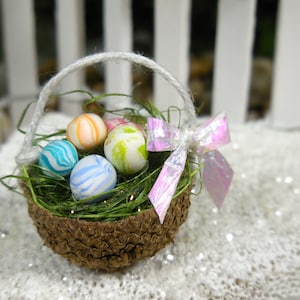 Fairy Garden Acorn Cap Basket w/ 6 Pastel Colored Eggs ~ Dollhouse Easter Egg Hunt ~  Spring Fairy Garden Accessories & Craft Supplies