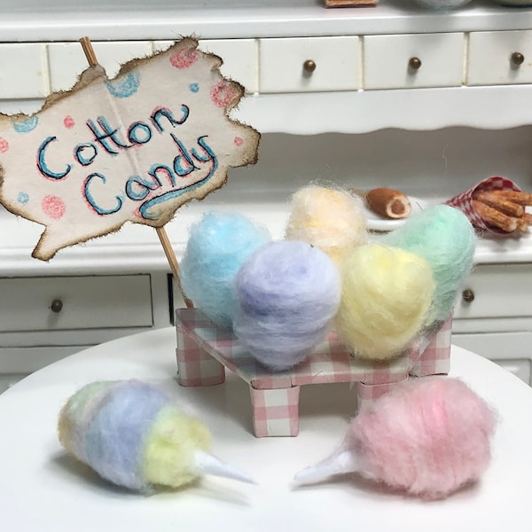 Miniature Carnival Cotton Candy in Blue, Pink, Yellow ,Green and Peach ~ Mini Festival Food ~ Summer Dollhouse & Fairy Garden Accessories