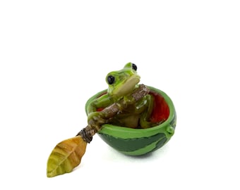 Tiny Frog Paddling Watermelon Boat ~ Woodland Fairy Garden Accessories & Supply ~ Miniature Fairy Animal Figurines ~ Frog Themed Party Decor