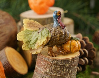 Miniature Turkey with Pumpkin Figurine  ~ Fall Harvest & Thanksgiving Miniatures for Dollhouse and Dioramas ~ Fairy Garden Supply