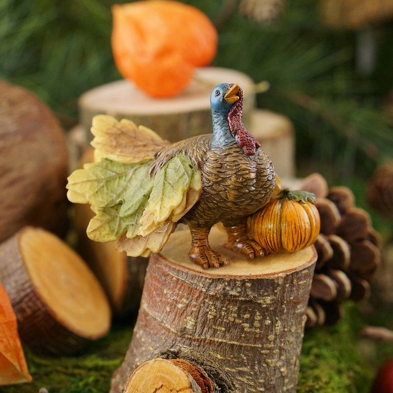 Miniature Turkey with Pumpkin Figurine Fall Harvest & Thanksgiving Miniatures for Dollhouse and Dioramas Fairy Garden Supply image 1