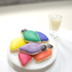 Miniature Colorful Holiday Light Cookies on Plate w Milk ~ Christmas Dollhouse or Fairy Garden Holiday Bakery Food ~ Winter Diorama Minis