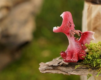 Miniature Red Baby Dragon Figurine Roaring ~ Fairytale Castle Fairy Gardens & Terrariums ~ Dungeons and Dragons Home or Party Décor