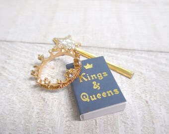 Miniature Kings & Queens Book, Magic Wand and Crown Set ~ Magical Kingdom Fairy Garden, Terrarium, Dollhouse and Diorama Accessory