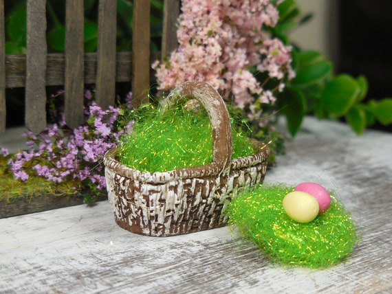Miniature Green Easter Grass Basket Filler W/ 6 Eggs Option Easter