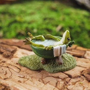 Miniature Frog Having a Bath in Watermelon Tub ~ Woodland Fairy Garden Animal Figurines ~ Frog Themed Home, Party & Office Decor