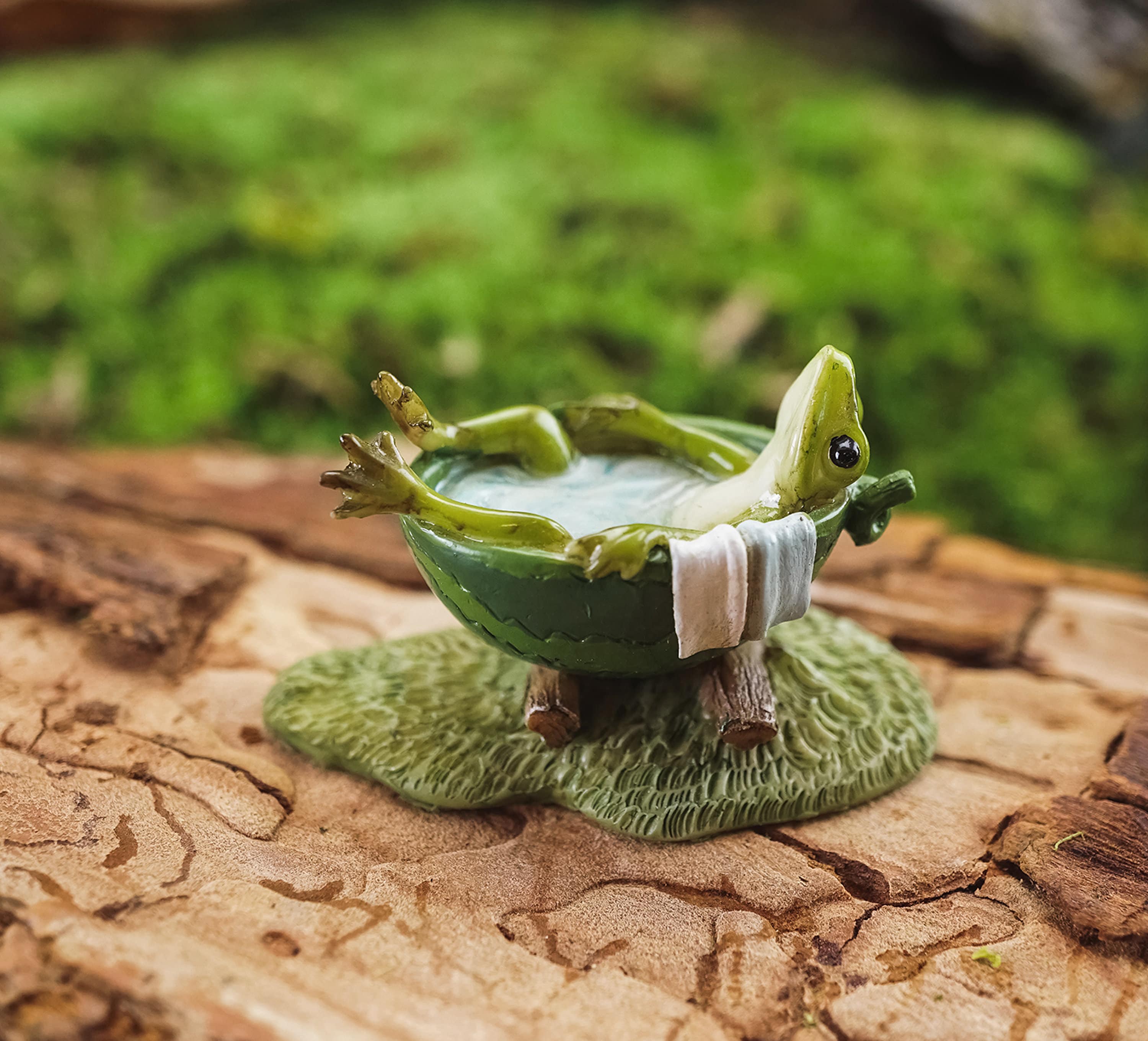 Miniature Frog Having a Bath in Watermelon Tub ~ Woodland Fairy Garden Animal Figurines ~ Frog Themed Home, Party & Office Decor