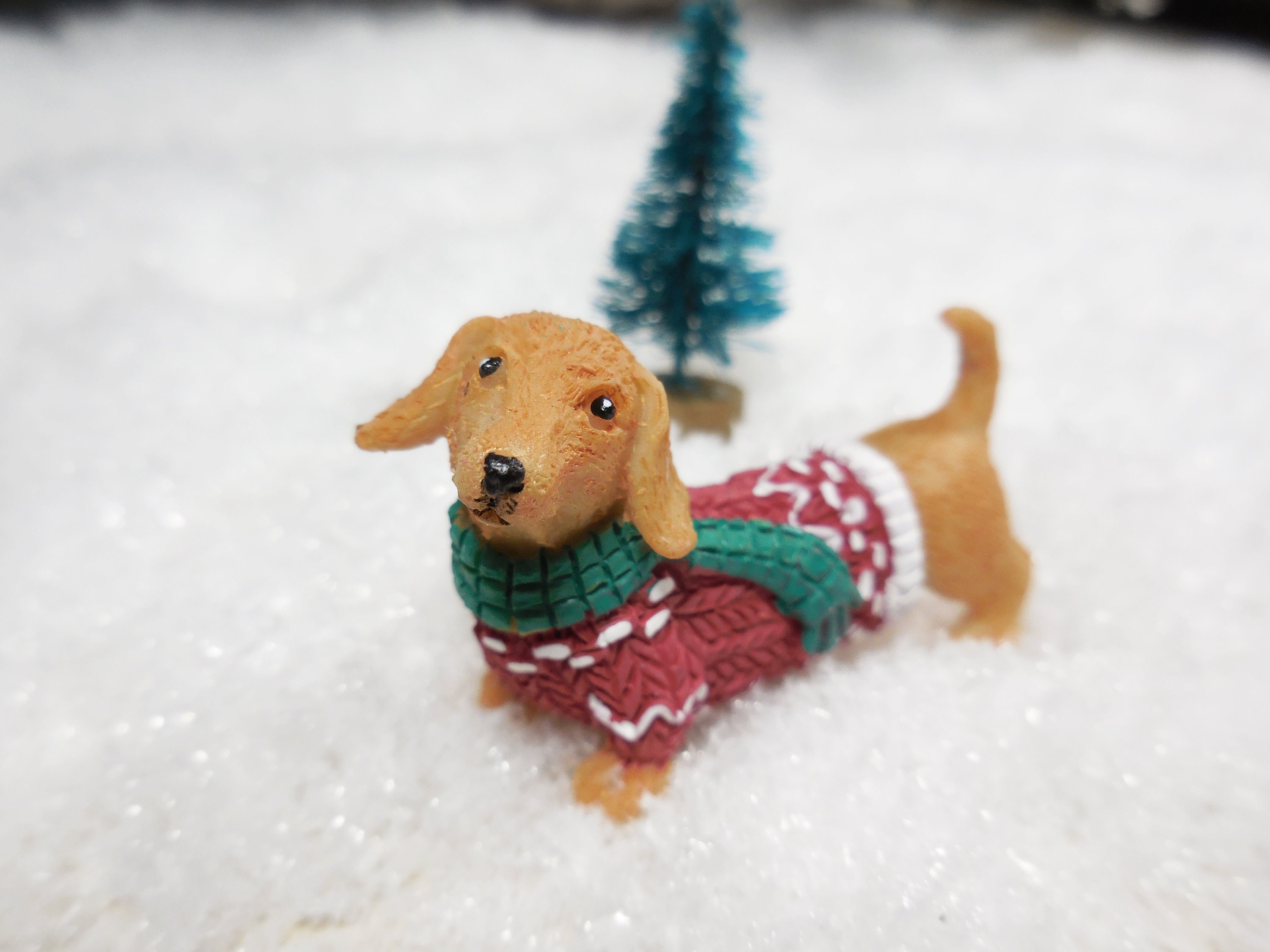 SUPERSALE Cute Puppy Figurine in Christmas Sweater Dog Sculpture Dachshund Pup SUPERSALE Cute Puppy Figurine in Christmas Sweater Dog Sculpture Dachshund Pup