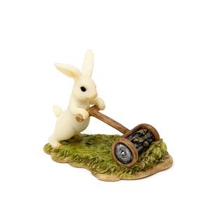 Miniature White Bunny Pushing Lawn Mower Figurine ~ Spring Fairy Garden Accessories ~ Easter Home & Party Décor