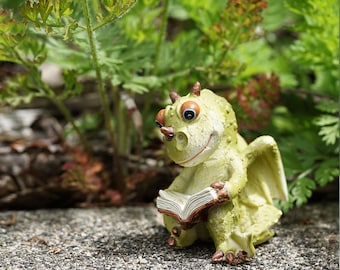 Fairy Garden Dragon Figurine Reading a Book ~ Miniature Dragon Accessory for Fairies ~ Fairy Garden Supplies ~ Animal Figurine for Terrarium