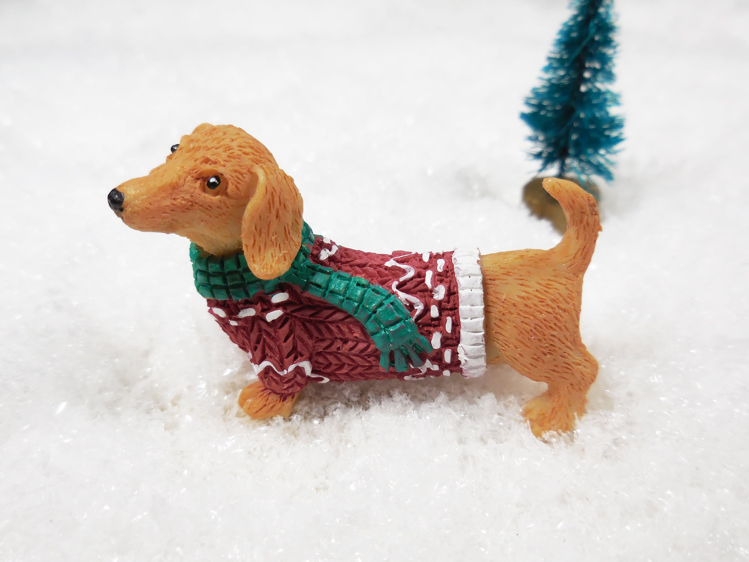 SUPERSALE Cute Puppy Figurine in Christmas Sweater Dog Sculpture Dachshund Pup SUPERSALE Cute Puppy Figurine in Christmas Sweater Dog Sculpture Dachshund Pup