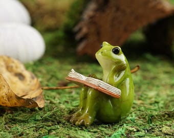 Miniature Frog Figurine Reading Book on Love Seat ~Woodland Fairy Garden Accessories & Supply ~ Miniature Fairy Animal Figurines Decor