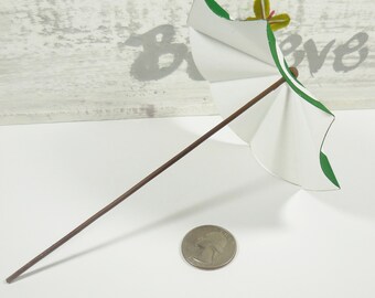 Dollhouse Miniature Fairy Garden Metal Patio Umbrella Green/White Stripe 