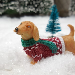 Miniature Dachshund in Ugly Christmas Sweater Figurine ~ Winter Fairy Garden Accessories ~ Christmas Minis Craft Supply ~ Terrarium Figurine