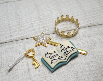 Miniature Gold Magic Wand, Crown, Key & Fairytale Book Figurine ~ Magical Kingdom Fairy Garden, Terrarium, Dollhouse and Diorama Accessory