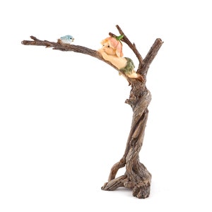 Älvträdgårdsträd Sprite med blå fågel ~ Miniatyrdjursfigurer för älvor ~ Förtrollad skogsheminredning