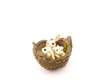 Mini Baby Bunny Trio in Basket ~ Easter Fairy Garden & Dollhouse Accessories ~ Spring Home Décor