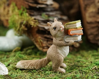 Miniature Squirrel Figurine w/ Stack of Books ~ Fairy Garden Accessories & Supplies ~ Enchanted Woodland Home Decor ~ Animal Cake Toppers