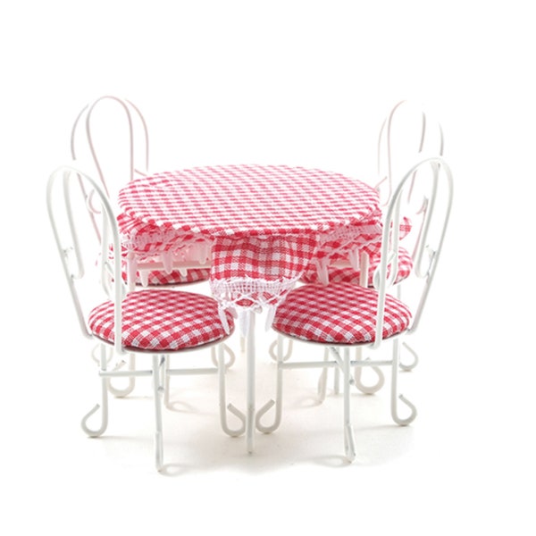 Miniature Checkered Bistro Table & Chairs 5 PC Set ~ Valentine's Day Fairy Garden Accessories ~ Dollhouse Furniture