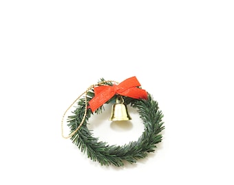 2 1/4” Miniature Pine Wreath w/ Gold Bell & Red Bow ~Winter Fairy Garden Accessories ~ Christmas Dollhouse Decorations and Craft Supplies