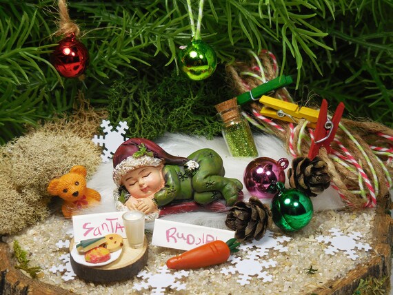 North Pole Baby Elf in Pajamas w Santa Night Cap Winter Wonderland Fairy Garden Accessories Miniature Christmas Figurine