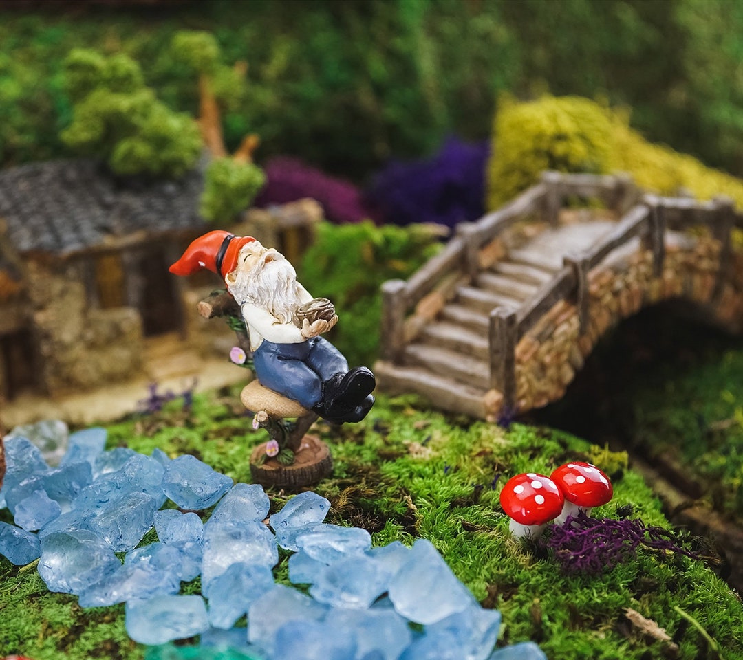 MICRO Garden Gnome Holding Bird Nest on Wood Stool ~ Enchanted Woodland ...