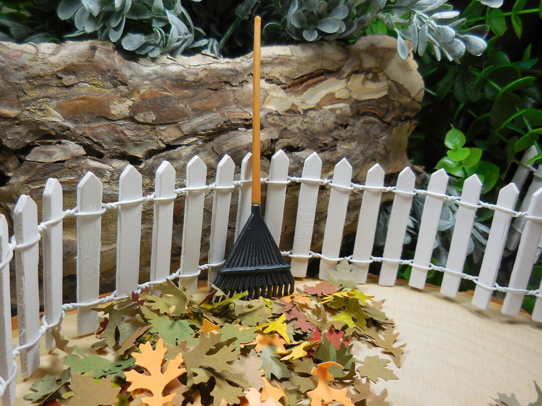 Cardboard Rake Miniature Rake W/ Mixed Oak & Maple Paper Leaves ~ Fall Fairy Garden ...