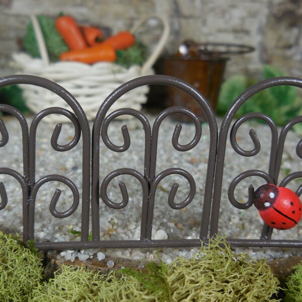 Fairy Accessory Brown Ladybug Fence ~ Miniature Rustic Scrolled Fence  ~ Metal Fence for Miniature Gardens ~ Fairy Terrariums Supply