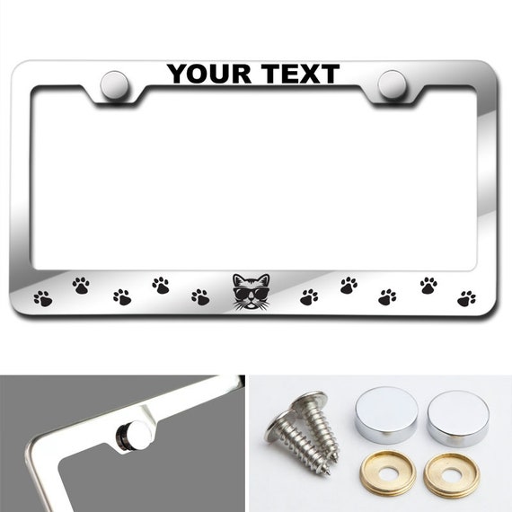 Cat face and paw print Customized Laser Engraved Stainless Steel License Plate Frame w/ Screw Caps (Arial Black font)