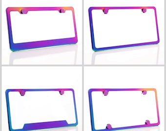 Electroplating Neon Chrome Rainbow Stainless Steel License Plate Frame w/ Purple Screw Caps + Hardware