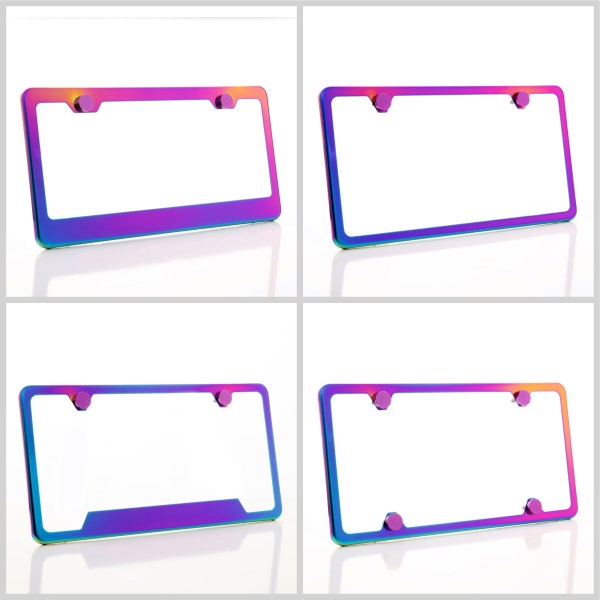 Electroplating Neon Chrome Rainbow Stainless Steel License Plate Frame w/ Purple Screw Caps + Hardware